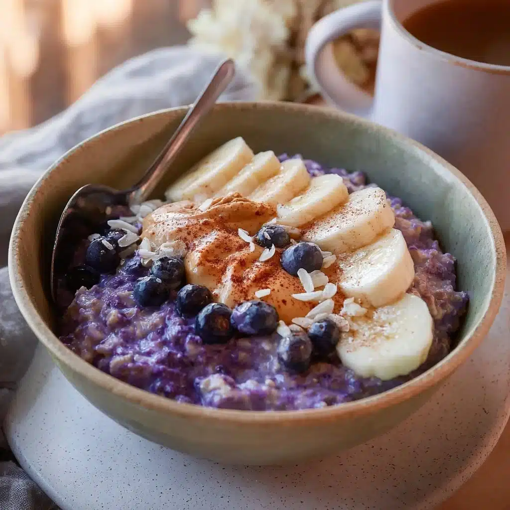 Bowl of Blueberry Almond Oatmeal topped with fresh blueberries and almonds