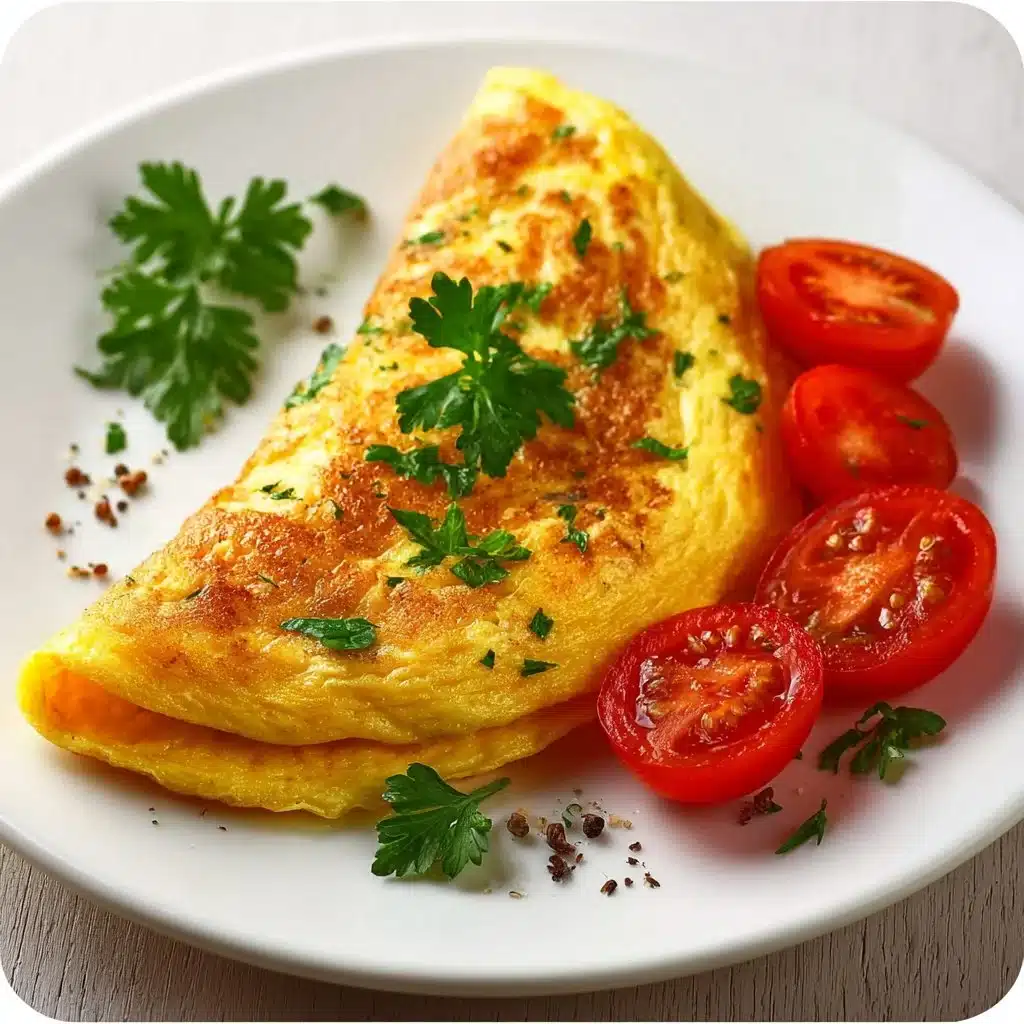 Delicious breakfast omelette with vegetables and cheese served on a plate