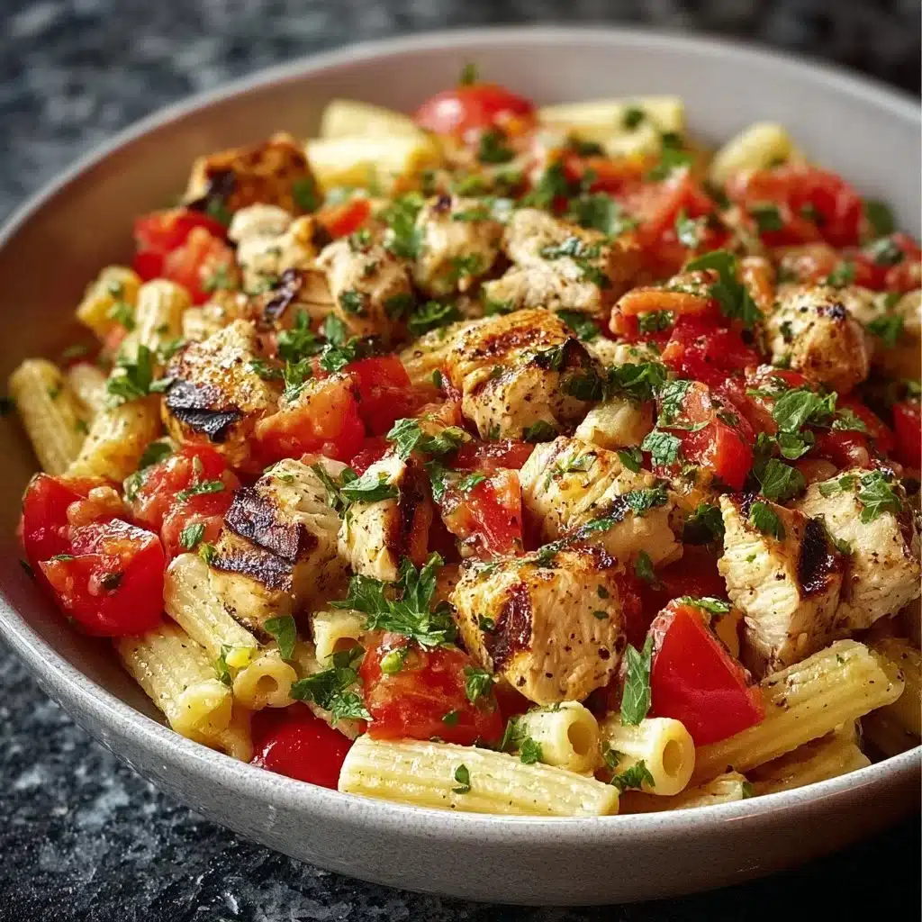 Plate of Bruschetta Chicken Pasta garnished with fresh basil