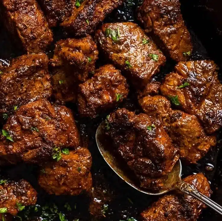 Cajun garlic butter steak bites served on a plate, garnished for a delicious meal.