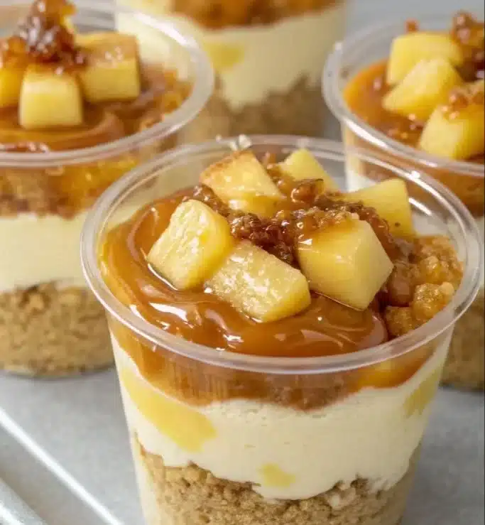 Delicious caramel apple dessert cups with apple slices and caramel drizzle