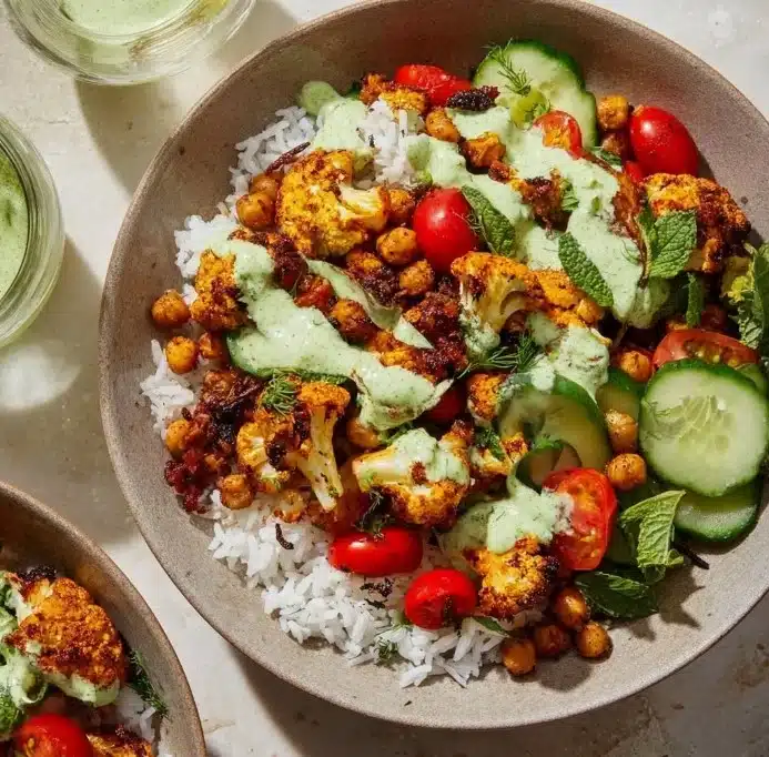 A vibrant Cauliflower Shawarma Bowl topped with fresh vegetables and sauces