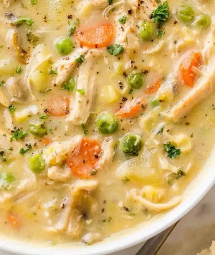 Delicious chicken pot pie soup in a bowl with vegetables and herbs