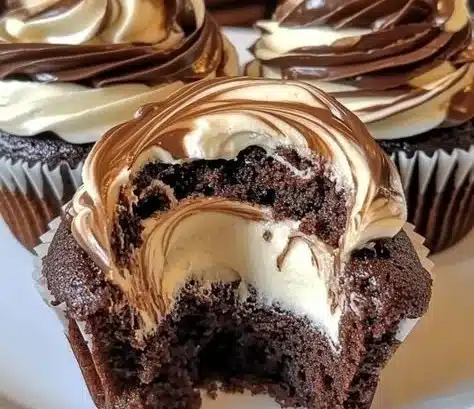 Delicious Chocolate Coffee Cream Cupcakes topped with rich coffee frosting