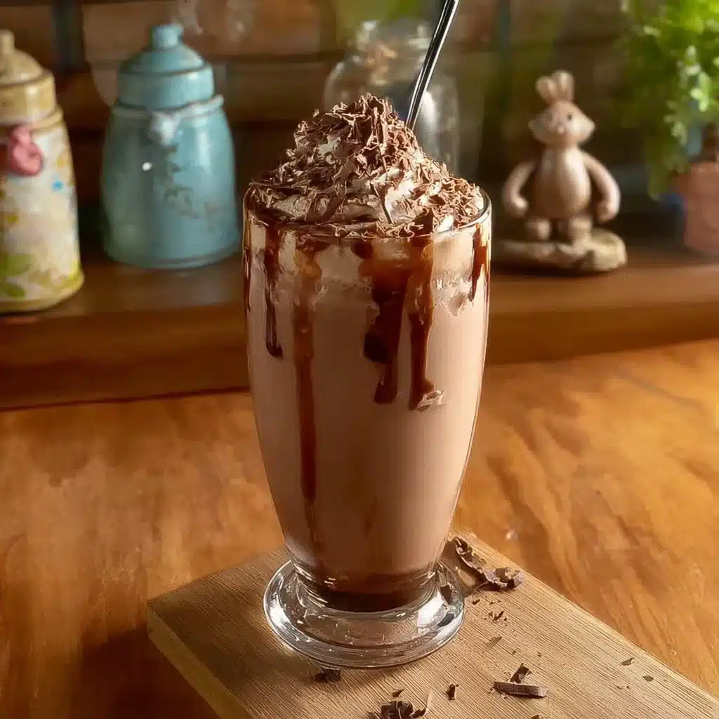 Delicious Chocolate Coffee Smoothie in a glass topped with whipped cream and cocoa.