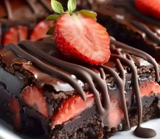 Delicious chocolate covered strawberry brownies on a plate