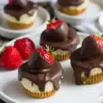Decadent chocolate covered strawberry cheesecake topped with fresh strawberries