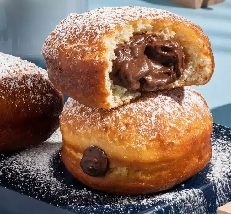 Delicious chocolate custard doughnuts topped with a dusting of powdered sugar
