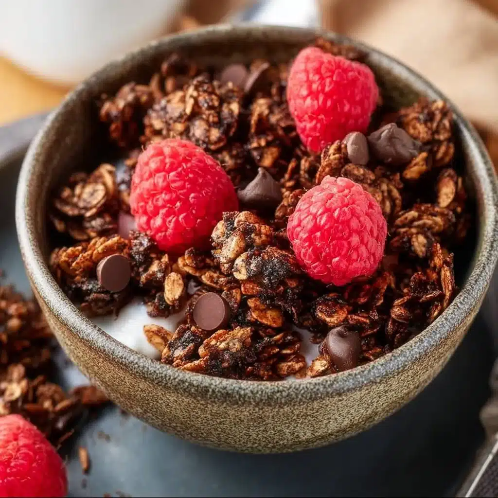 Bowl of chocolate granola with nuts and chocolate pieces