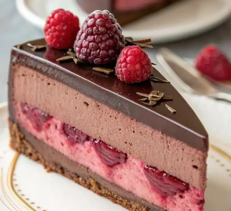 Delicious Chocolate Raspberry Mousse Cake topped with fresh raspberries