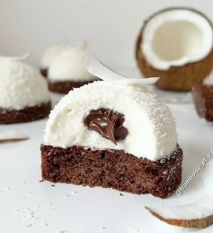 Coconut dome dessert with a drizzle of chocolate spread