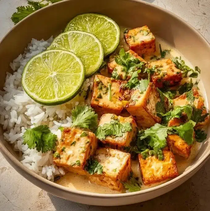 Delicious Coconut Lime Tofu dish garnished with fresh herbs and lime slices