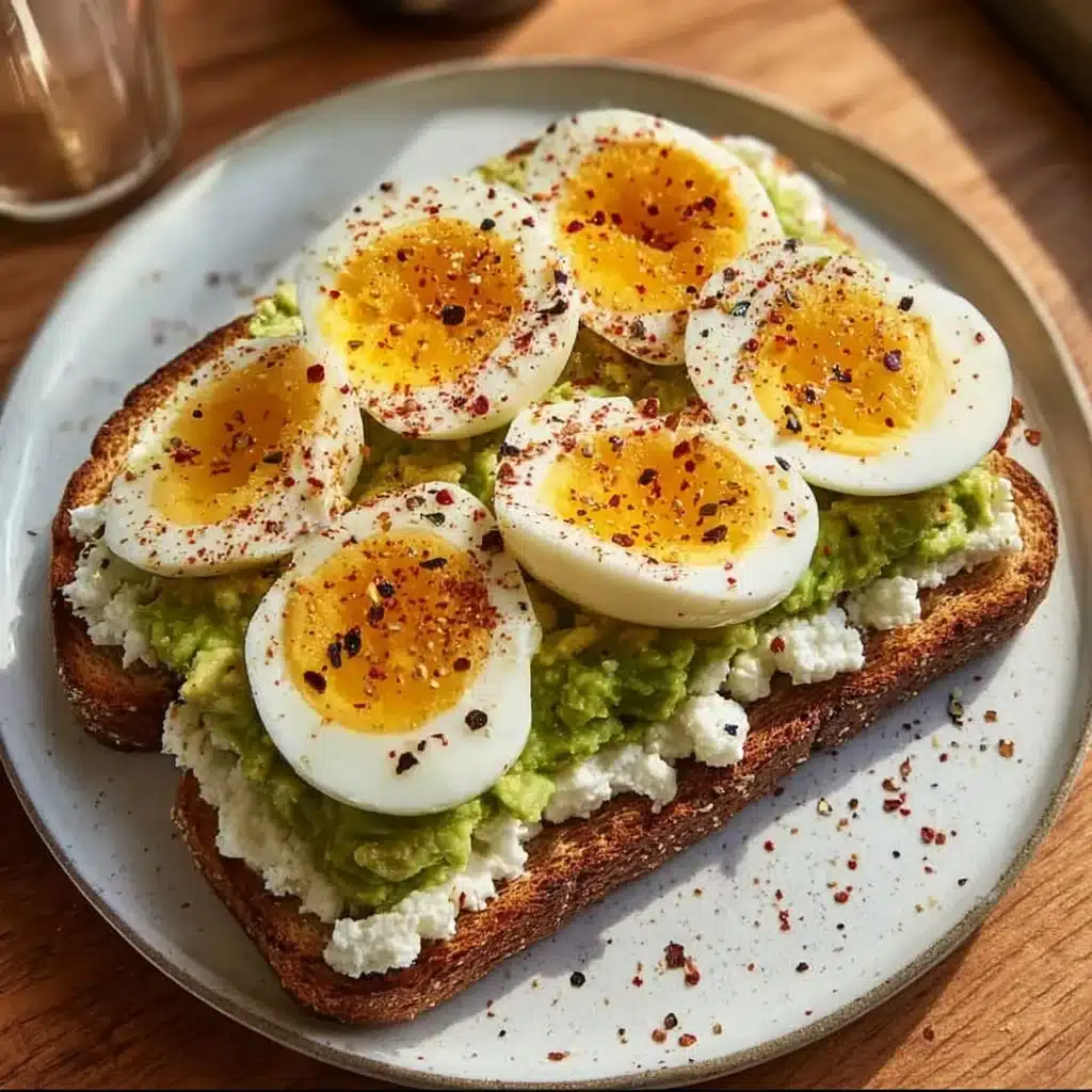 A plate of cottage cheese avocado toast topped with fresh herbs and spices