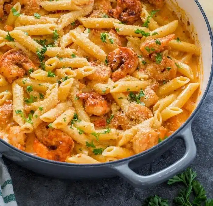 Delicious creamy Cajun shrimp pasta garnished with herbs