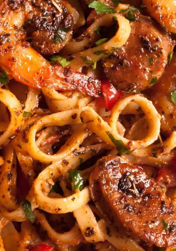 Creamy Cajun shrimp pasta with sausage served in a bowl
