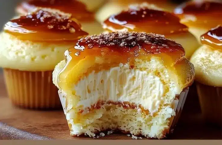 Delicious crème brûlée cheesecake cupcakes topped with caramelized sugar.