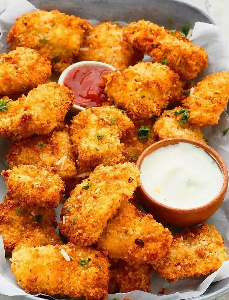 Crispy air fryer chicken nuggets served with dipping sauce