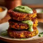 Crispy sweet potato and red lentil patties served on a plate with dipping sauce