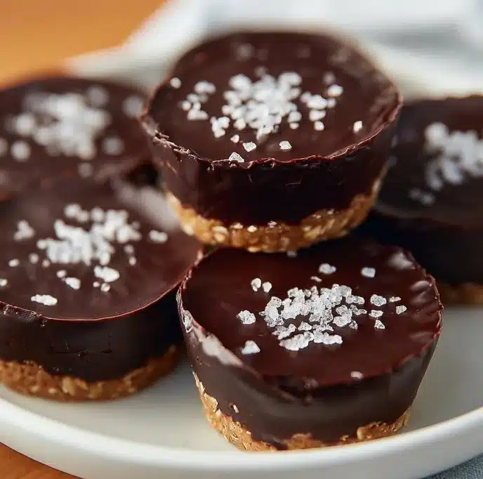 Delicious homemade dark chocolate oatmeal cups stacked on a wooden table.
