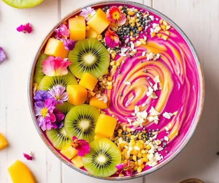Dragon Fruit & Mango Smoothie Bowl topped with fresh fruits and seeds