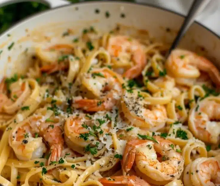 Delicious garlic butter shrimp pasta served in a bowl with parsley garnish