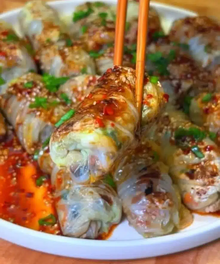 Plate of easy vegan napa cabbage rolls filled with vegetables