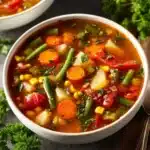 Bowl of homemade easy vegetable soup with fresh vegetables and herbs