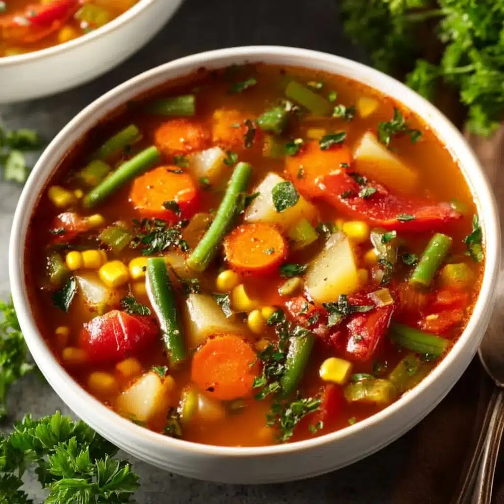 Bowl of homemade easy vegetable soup with fresh vegetables and herbs