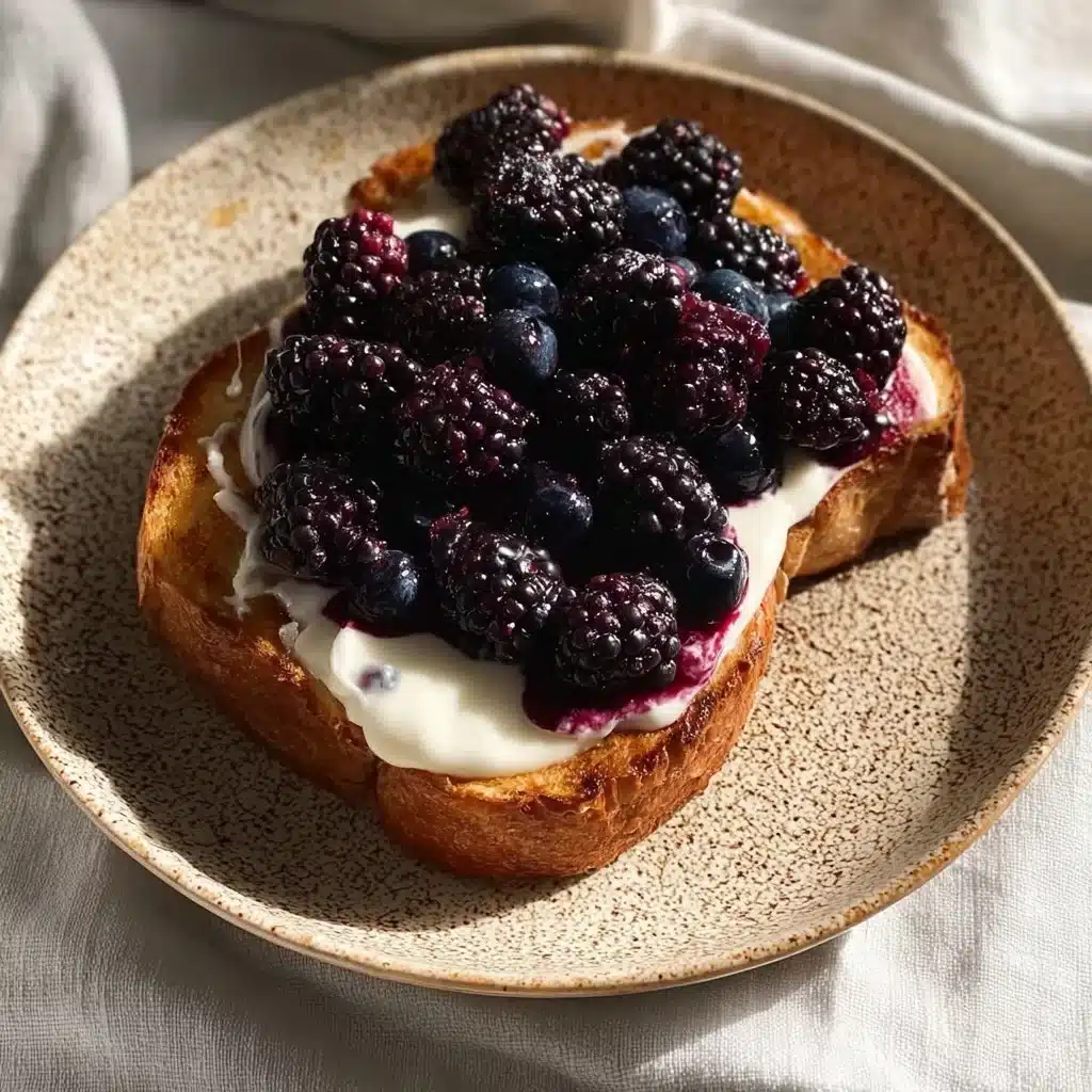 Delicious plate of French toast topped with syrup and fresh fruit