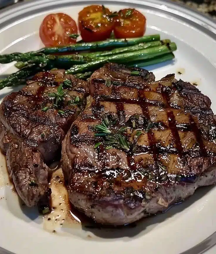 Grilled ribeye steak topped with garlic butter and herbs