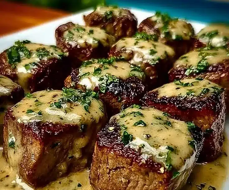 Garlic butter steak bites topped with creamy Parmesan sauce on a plate.