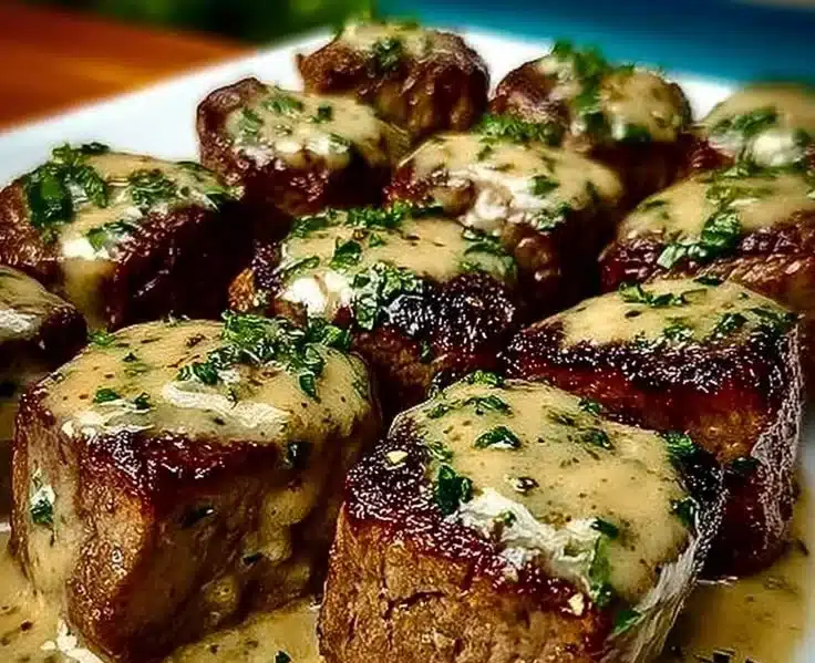 Delicious Garlic Butter Steak Bites served with Parmesan Cream Sauce