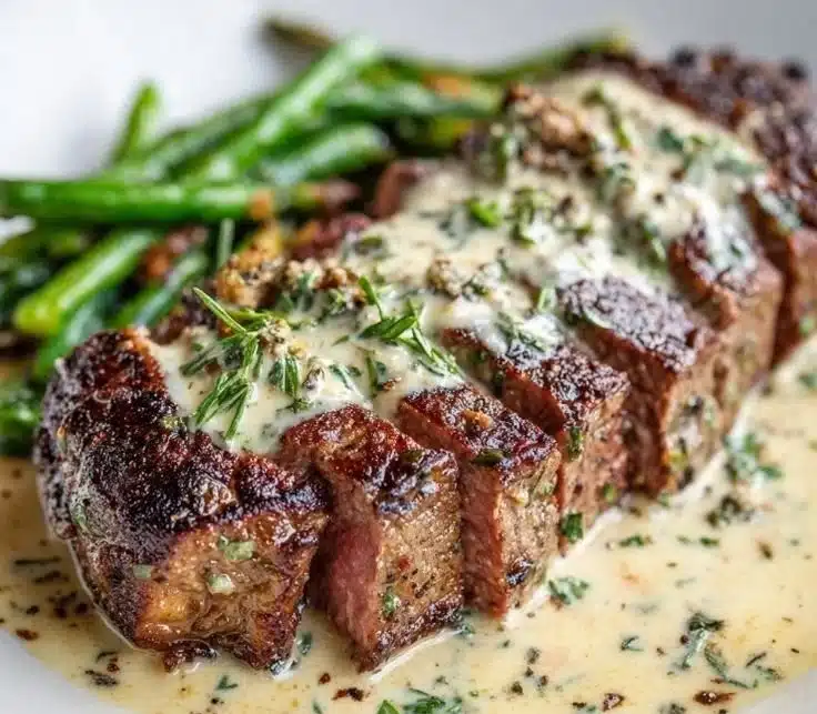 Delicious garlic butter steak topped with Parmesan cream sauce served on a plate
