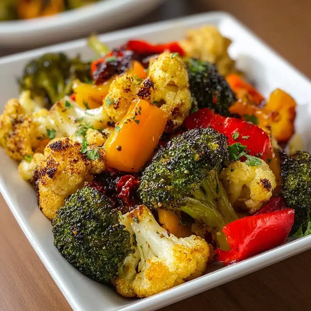 Bowl of Garlic Roasted Vegetables with colorful veggies and herbs