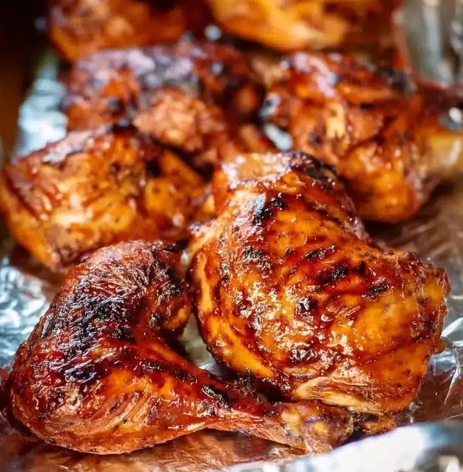 Juicy grilled barbecue chicken on a plate garnished with herbs.