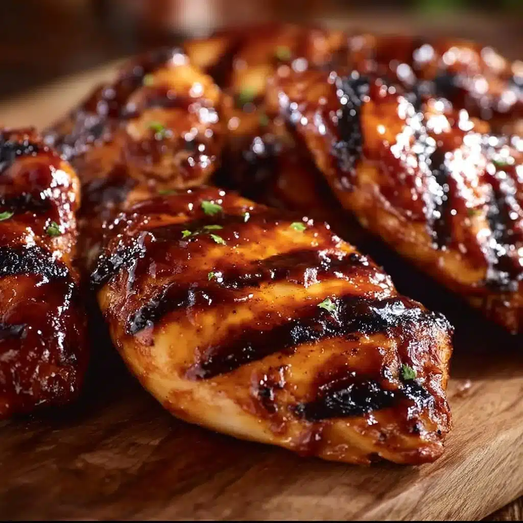 Grilled BBQ chicken breasts served on a plate with salad and sauce