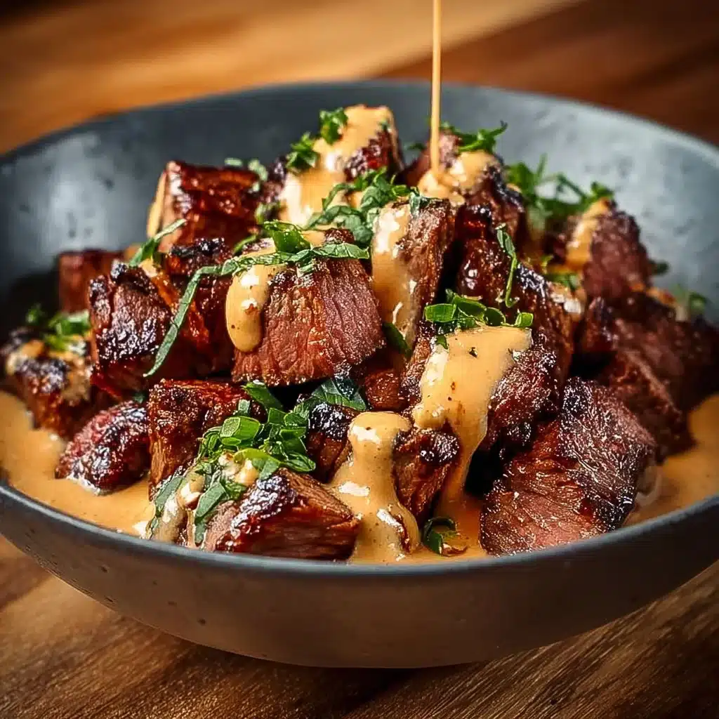 Grilled beef bowl with creamy garlic sauce served in a bowl
