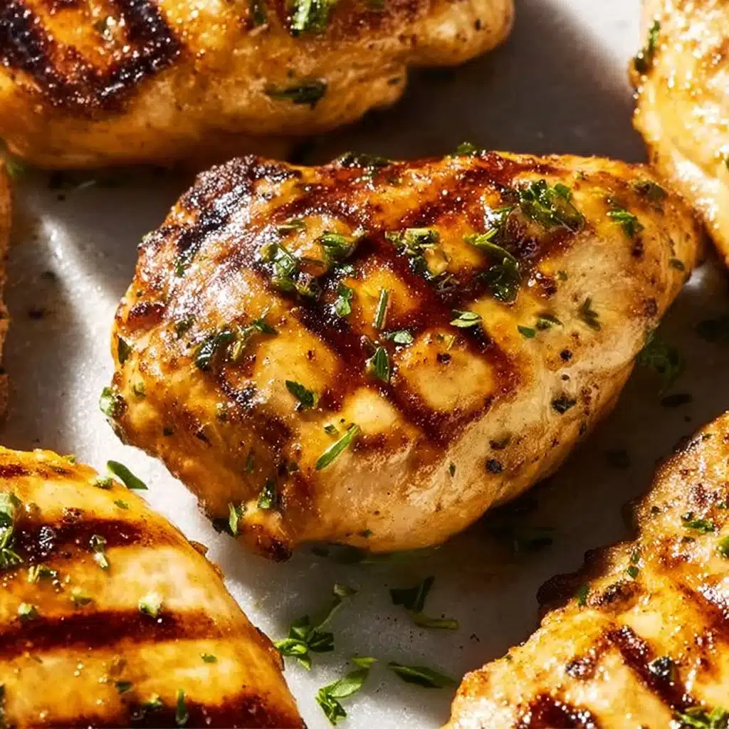 Delicious grilled chicken breast garnished with herbs and served with vegetables.