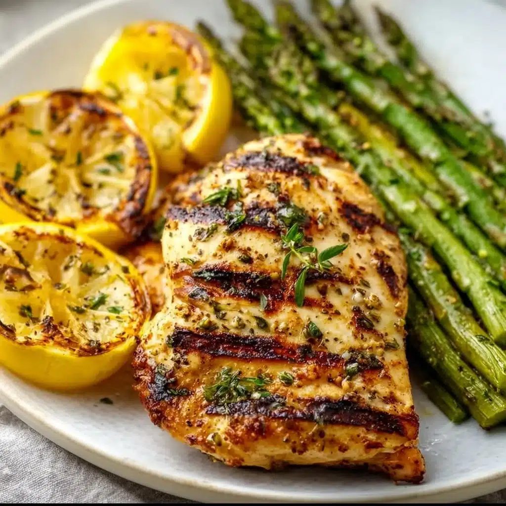 Grilled lemon chicken garnished with fresh herbs and lemon slices.