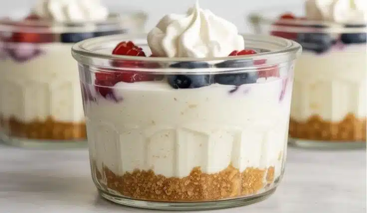 Healthy protein cheesecake jars for a nutritious dessert option.