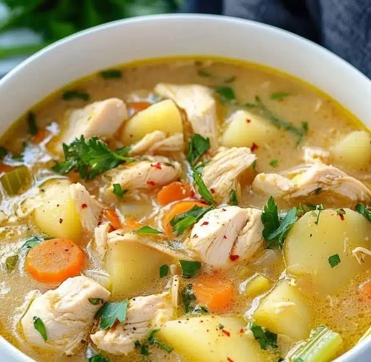 Hearty chicken soup with potatoes served in a bowl, garnished with herbs.