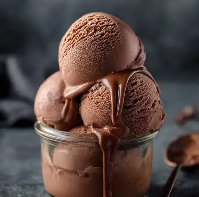 Bowl of creamy homemade chocolate ice cream with chocolate chunks on top
