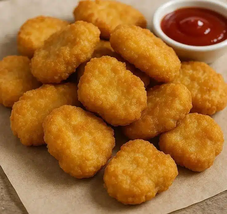 Plate of homemade crispy chicken nuggets served with dipping sauce.