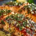 Delicious Honey-Lime Garlic Butter Baked Salmon garnished with herbs