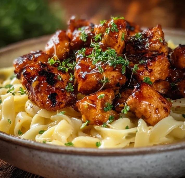 Honey Pepper Chicken served with creamy mac and cheese on a dinner plate