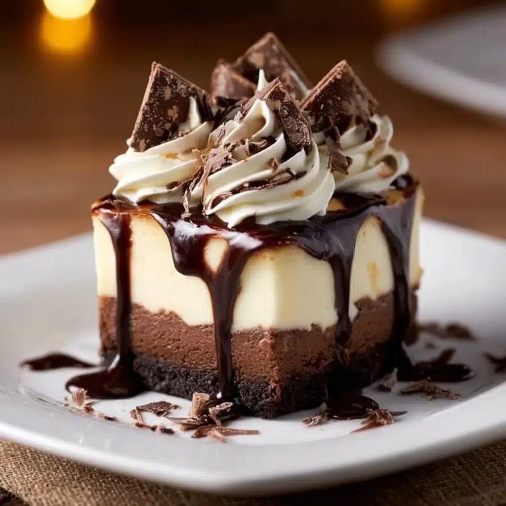 Hot Fudge Sundae Brownie Cheesecake topped with chocolate sauce and whipped cream.