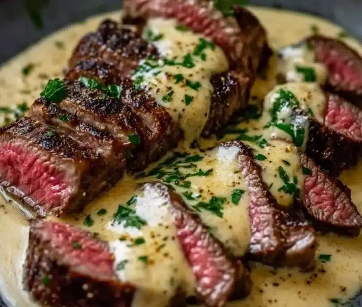 Juicy steak drizzled with creamy garlic sauce on a plate