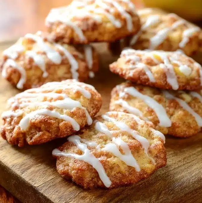 Keto Apple Fritter Cookies on a plate with a drizzle of icing