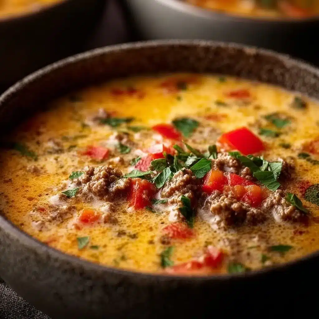 Delicious Keto Cheeseburger Soup served in a bowl with toppings.