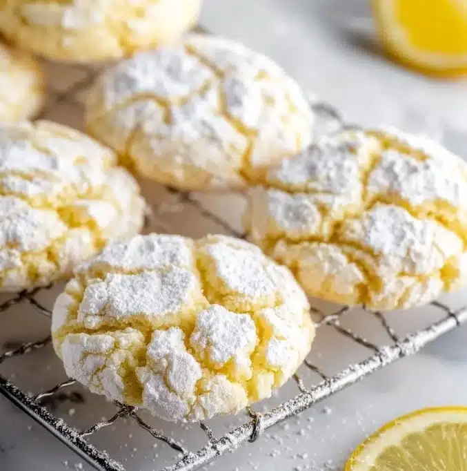 Plate of freshly baked Lemon Crinkle Cookies sprinkled with powdered sugar